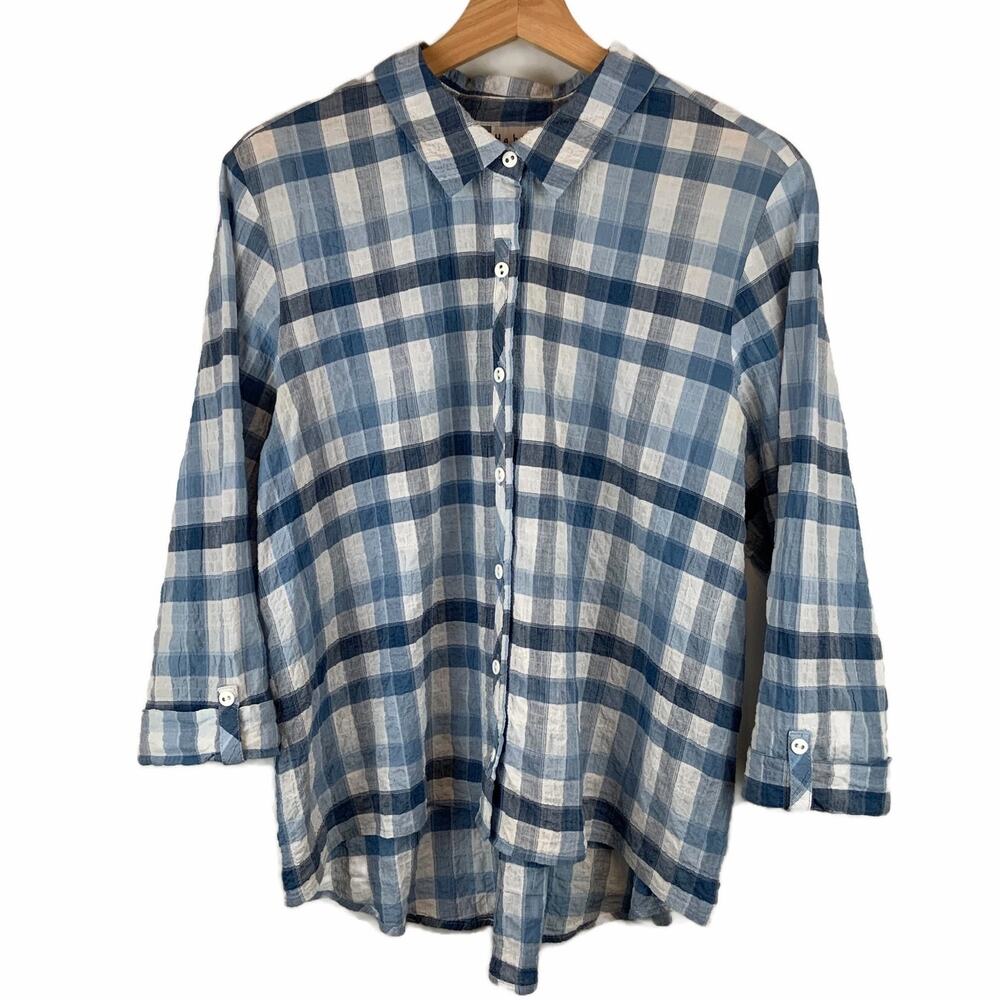 Habitat Cotton Pucker Weave Plaid Button Up Blouse Women's Size M
